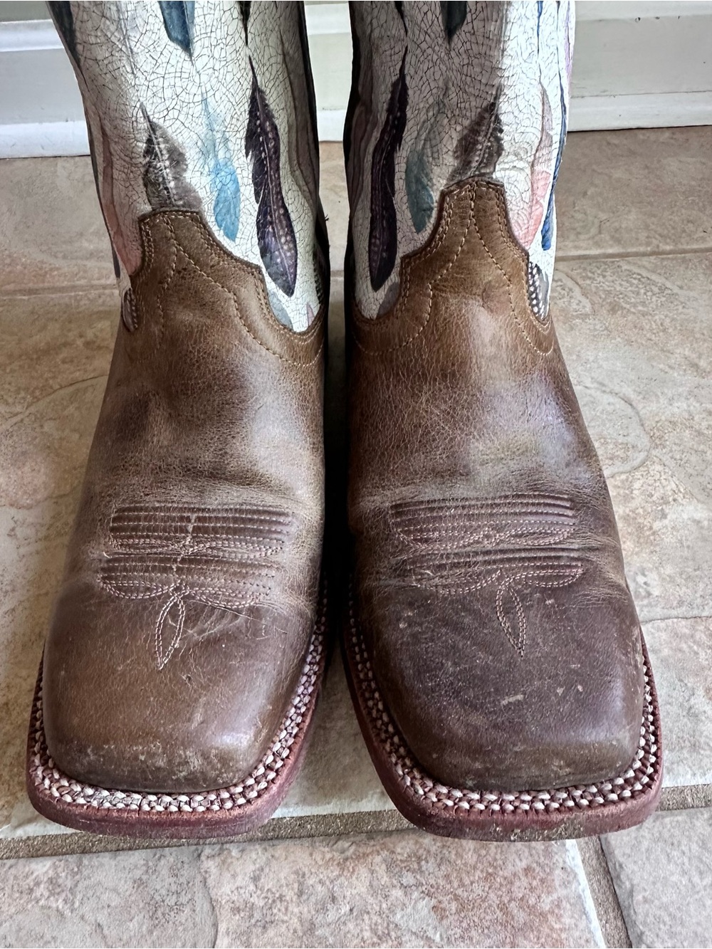 Ariat Fonda Western Boots Feather Print Brown Leather Square Toe - Picture 5 of 10